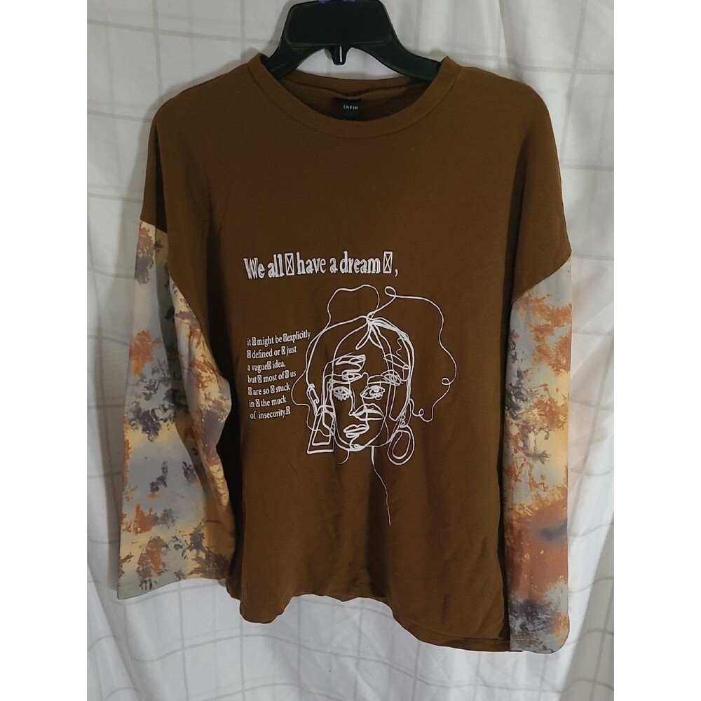 Brown Dream Slogan Line Art Tie Dye Sleeves Oversized Statement Sweatshirt M